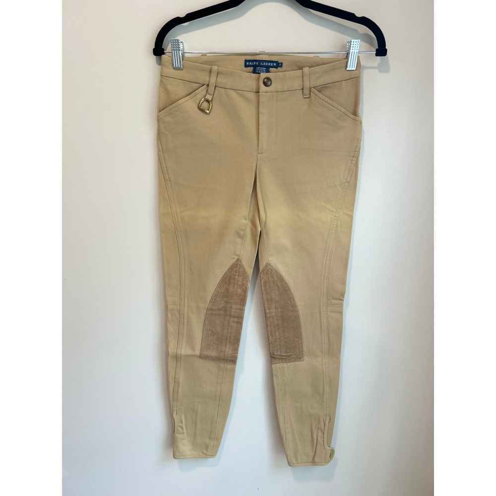 Ralph Lauren Tan Equestrian Riding Pants Sz 2 Cotton Stretch Jodhpurs Knee Patch